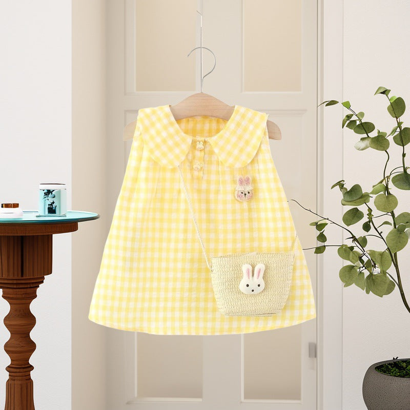 Girls'  summer new arrival: cute plaid tank dress - stylish baby blue dress with bunny princess design