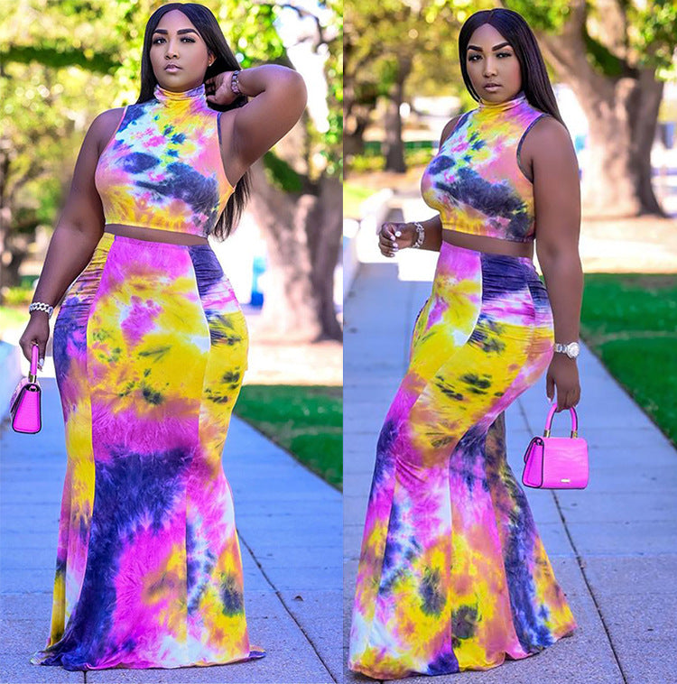 Plus size women's summer outfit: european & american style casual color block tank top + midi skirt two-piece set - perfect for  &