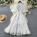 Accessible luxury style puff sleeve embroiderdress women's tie backk-style waist slimming lookclassyelegant large swing long skirt