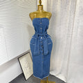 Summer american sexy bandeau single-breasted denim dress - raw hem, double pockets, tie-waist, bodycon mini dress