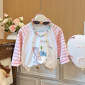 New spring/autumn girls' pink cartoon kitten striped base layer sweatshirt, casual cute long-sleeve t-shirt for baby girls, children's clothing
