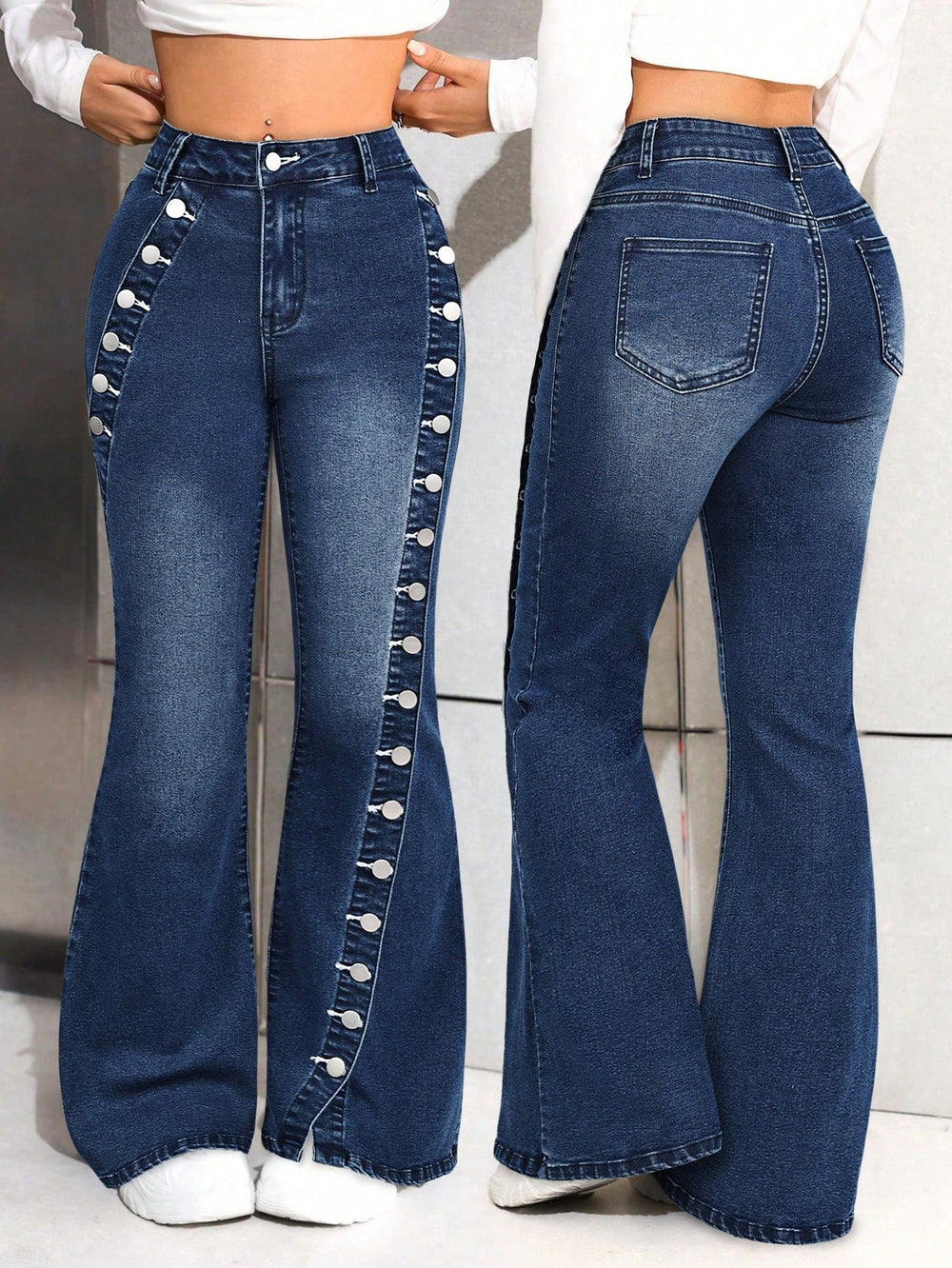 Fashionjeans women's side-breasted slit slightly flared pants dark blue washed elastic silm showing leg length hot girl pants