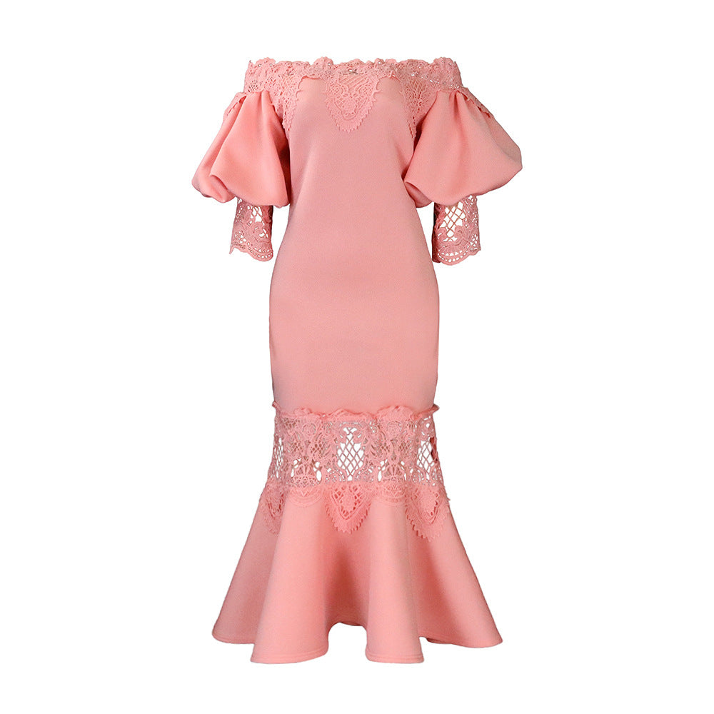 Independent station women's one-line collar puff sleeves lacepatchwork banquet fishtail dress long skirt cross-border foreign trade dress