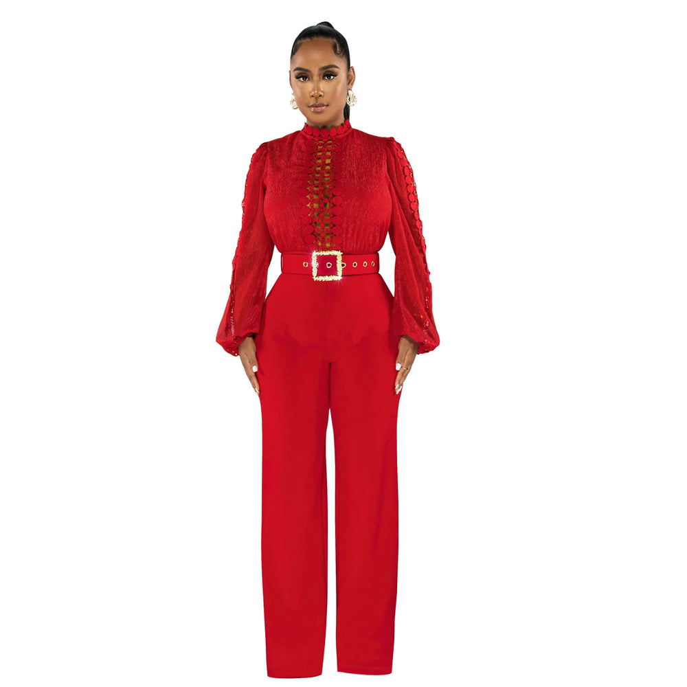 X6345   fashion women's belted lace hollow-out solid color long sleeve jumpsuit