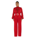 X6345   fashion women's belted lace hollow-out solid color long sleeve jumpsuit