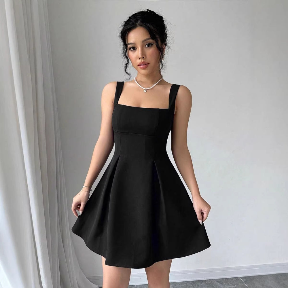 European and american cross-border   summer new fashion dress - elegant solid color spaghetti strap square neck mini dress for women