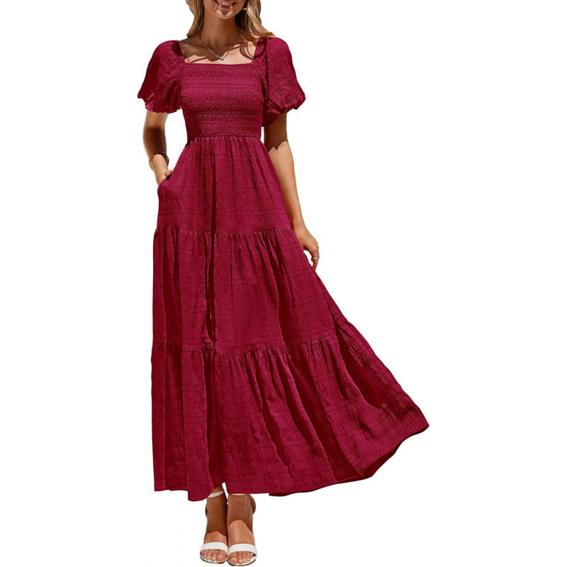 Amazon fashion short-sleeved square neck pleated dresssummernew arrivala-line elegant beach skirt