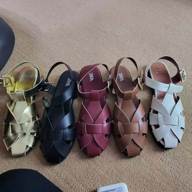 Za2025 korean style woven flat roman sandals women's summer new collection closed-toe back strap ladies sandals