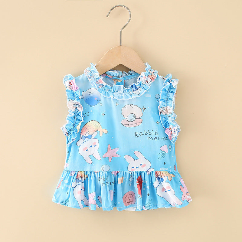 Girls' cotton rayon top - cartoon print, loose-fit, breathable, cute summer lightweight pajama set with lace trim