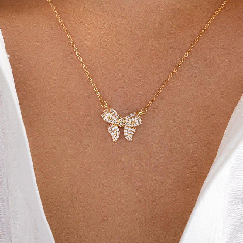Wholesale rhinestone alloy bow necklace - new cross-border jewelry for women, european and american style pendant, unique high-end clavicle chain