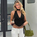 European and american women's clothing  summer new fashion v-neck tassel design backless tie-up sexy slim-fit tank top
