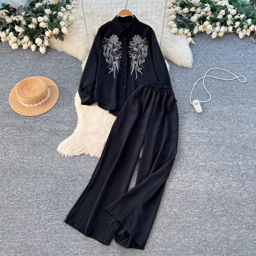 Autumn casual outfit set for women: loose-fit fashion rhinestone long-sleeve single-breasted shirt and high-waisted wide-leg pants set