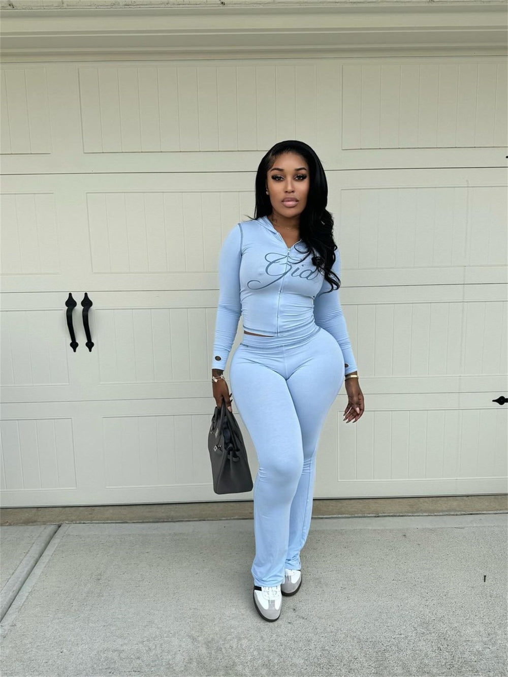 women's fashion, european and american trendy brand, new ins style, solid color, women's sexy, straight shoulder, topstitched two-piece long-sleeved set