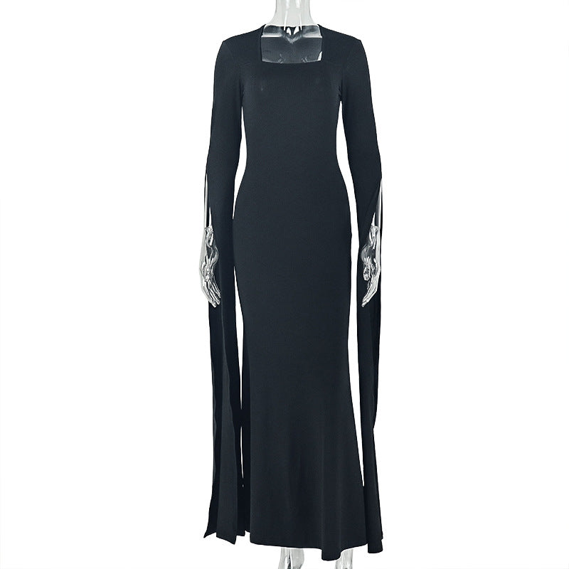 Fashion styleexportpure color design women's home waist bag hip skirt one-line collar long sleevesstylishlongdress