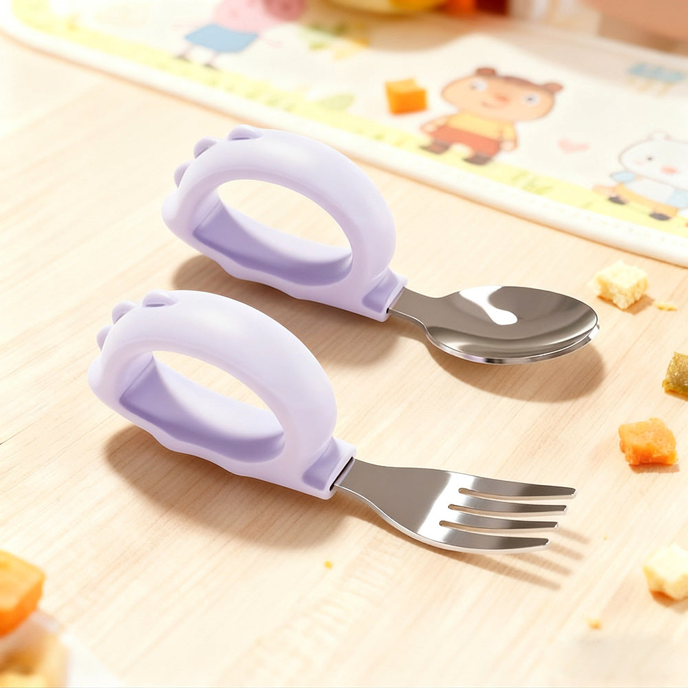 Newborn baby silicone handle spoon & 316 stainless steel short handle fork set - baby feeding utensil set