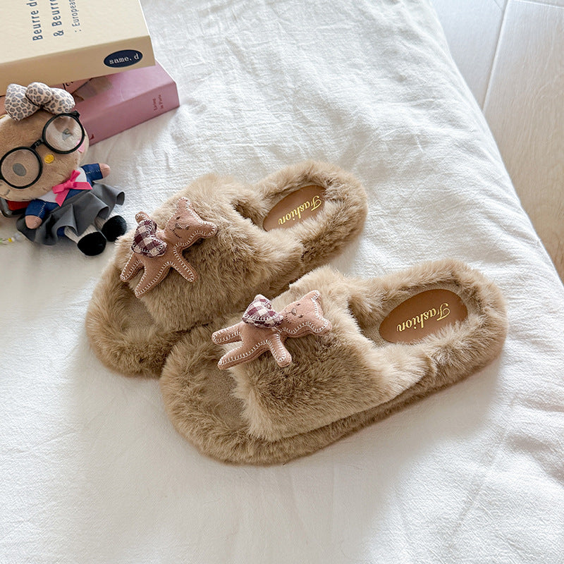 Thick sole fur slippers women's outwearfall and winternew arrivalk-style slippers women's cartoon bear women's slippers couple shoes