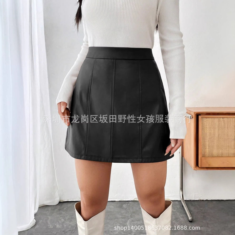 In stock-72660#  cross-border women's fashion european and american ins autumn and winter new a-line slimming hip-covering pu leather short skirt