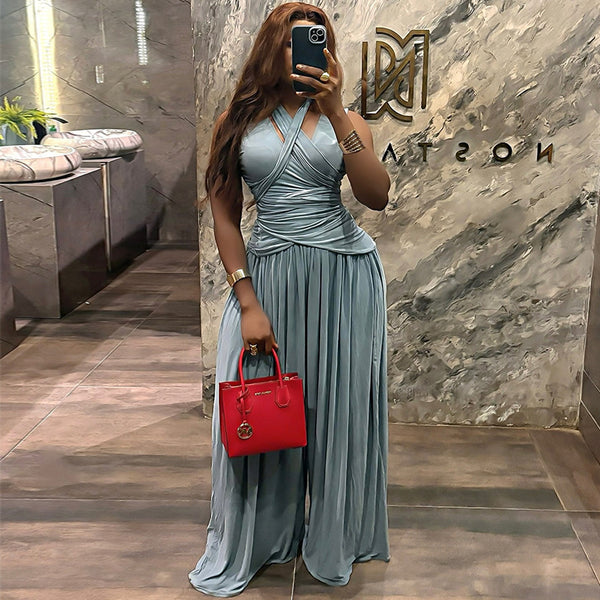 European and American  women's clothing 2025 autumn new fashionable and fresh neck and waist vest pleated wide-leg pants set