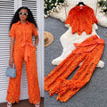 French chic, sophisticated lace cutout short sleeve top and wide-leg pant set - premium summer collection