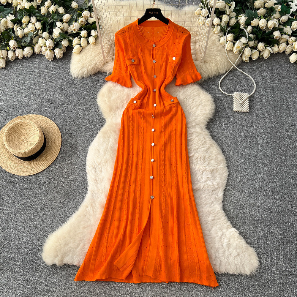 New arrival small fragrance classy sense cut out fungus lace sleeve button decoration silmslimming lookknittingdressfashion