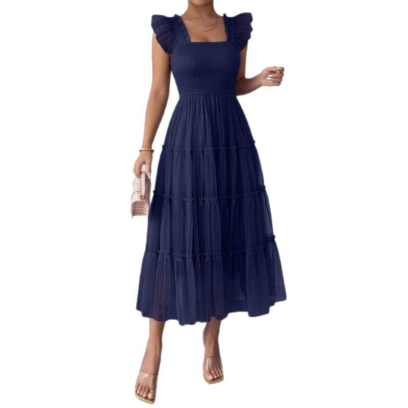 fashion  summer new arrival flying sleeve ruched ruffles vacation elegant mesh dress