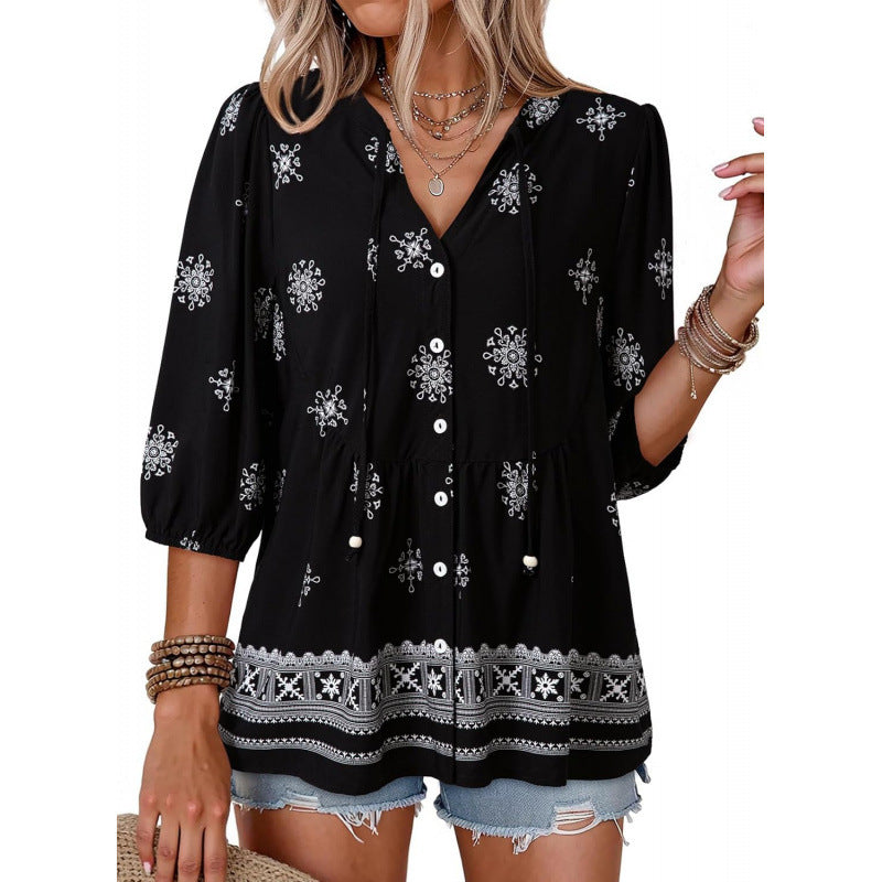 summer bohemian floral short sleeve button-down v-neck ruffle trim babydoll casual loose shirt
