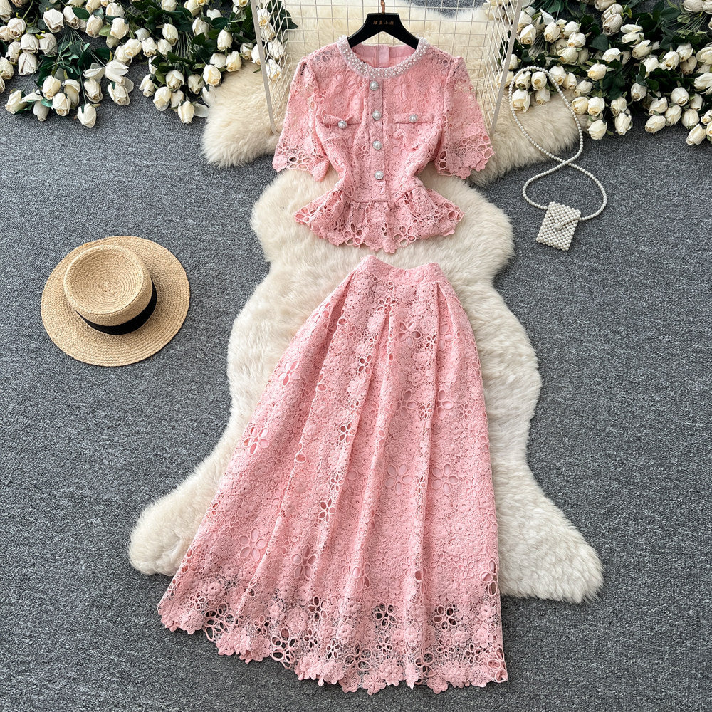 French chic lace bubble sleeve top & high-waisted midi skirt two-piece set -  summer slimming outfit