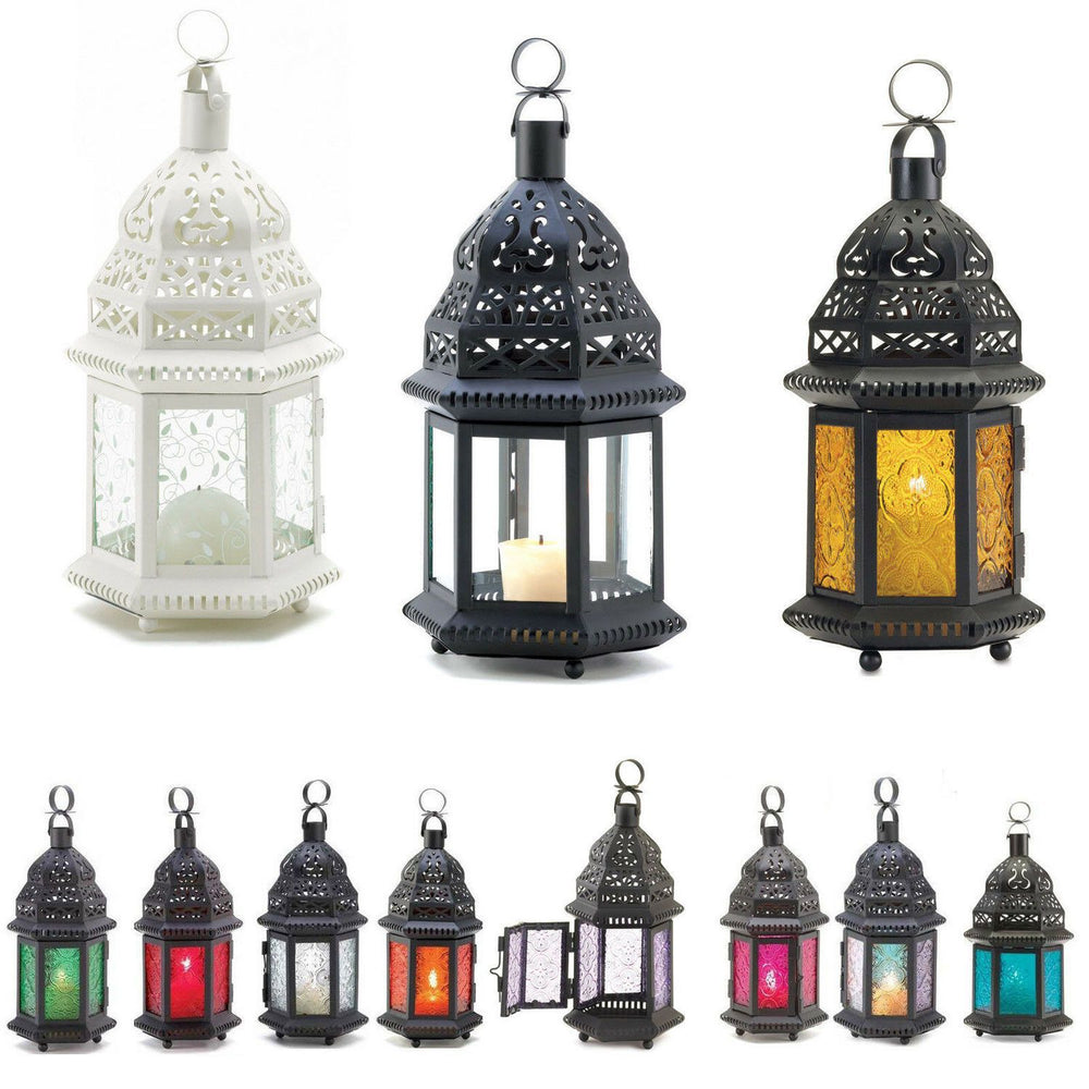 Moroccan iron candlestick, stained glass lantern, garden decor, home decor ornament, housewarming gift