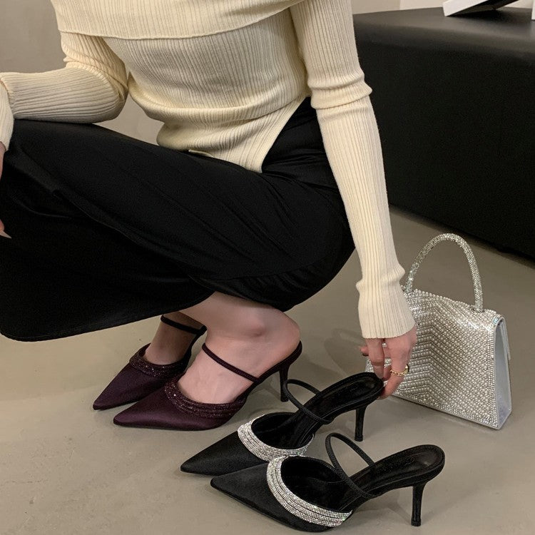 2026 spring rhinestone-embellished silk satin pointed-toe stiletto heel mules - women's closed-toe low-cut half-slipper, european & american style
