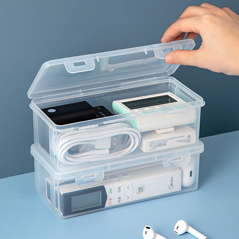 Desktop multi-functional sundries storage box, transparent plastic with cover, stackable accessories, earphone data cable storage box