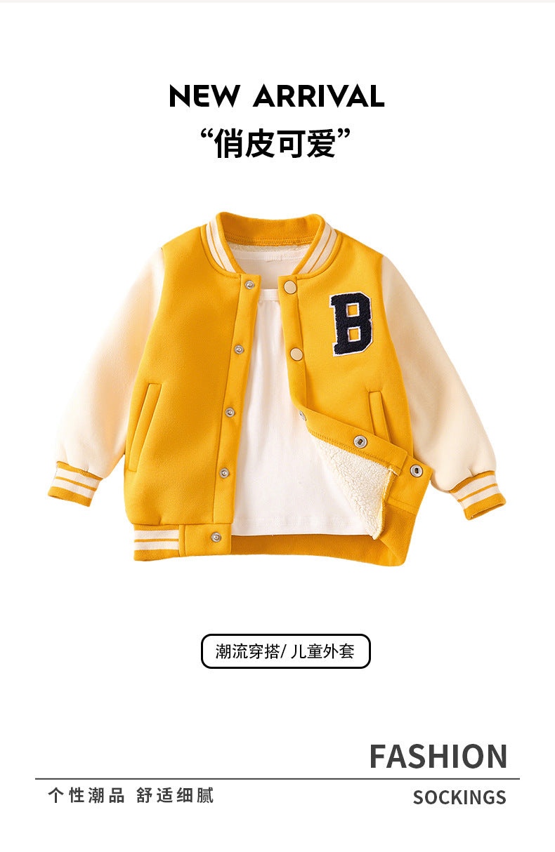 autumn/winter kids' baseball jacket - yellow fleece-lined letter print warm outerwear for boys and girls - american style thick jacket top