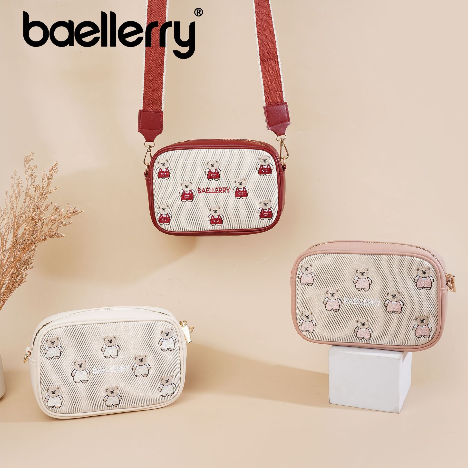 New bear embroidered women's shoulder bag bag messenger bag women's large-capacity hot-selling women's bag fashion pu Korean niche