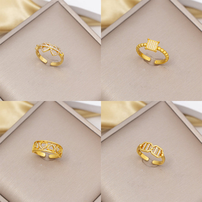 foreign trade popular zircon inlaid square ring with eight-character opening adjustment 18k gold electroplated high-end finger