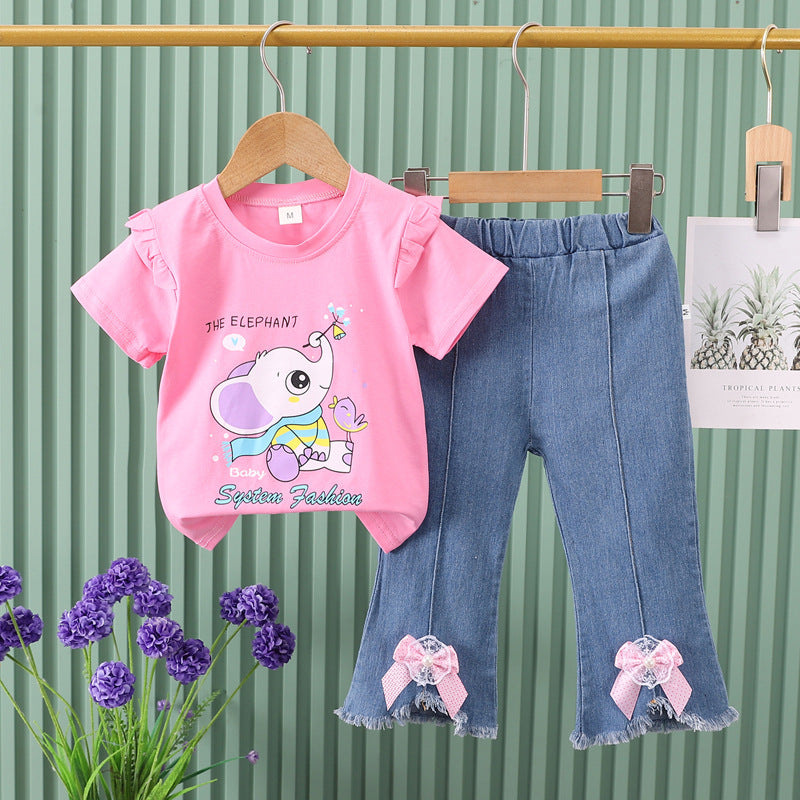 Direct from the factory! girls' summer two-piece set: pink cartoon tee + bowknot denim shorts. ready to ship!