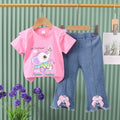 Direct from the factory! girls' summer two-piece set: pink cartoon tee + bowknot denim shorts. ready to ship!