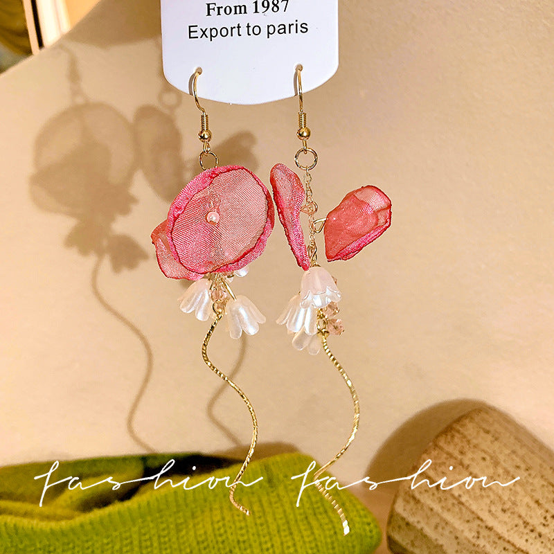 French fairy pink flower tassel stud earrings - unique, high-end, statement earrings for women - beach vacation style, niche jewelry