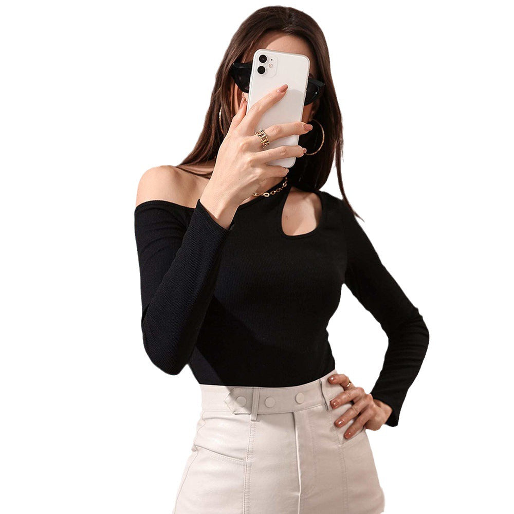 European and american women's clothing  fall/winter new arrivals: sexy cutout, slim-fit, casual long-sleeve women's t-shirt top -  in-stock