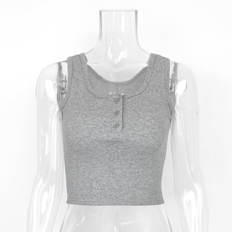 2025 autumn European and American new  women's clothing, sexy slim-fitting open-button pure cotton threaded button sling small vest