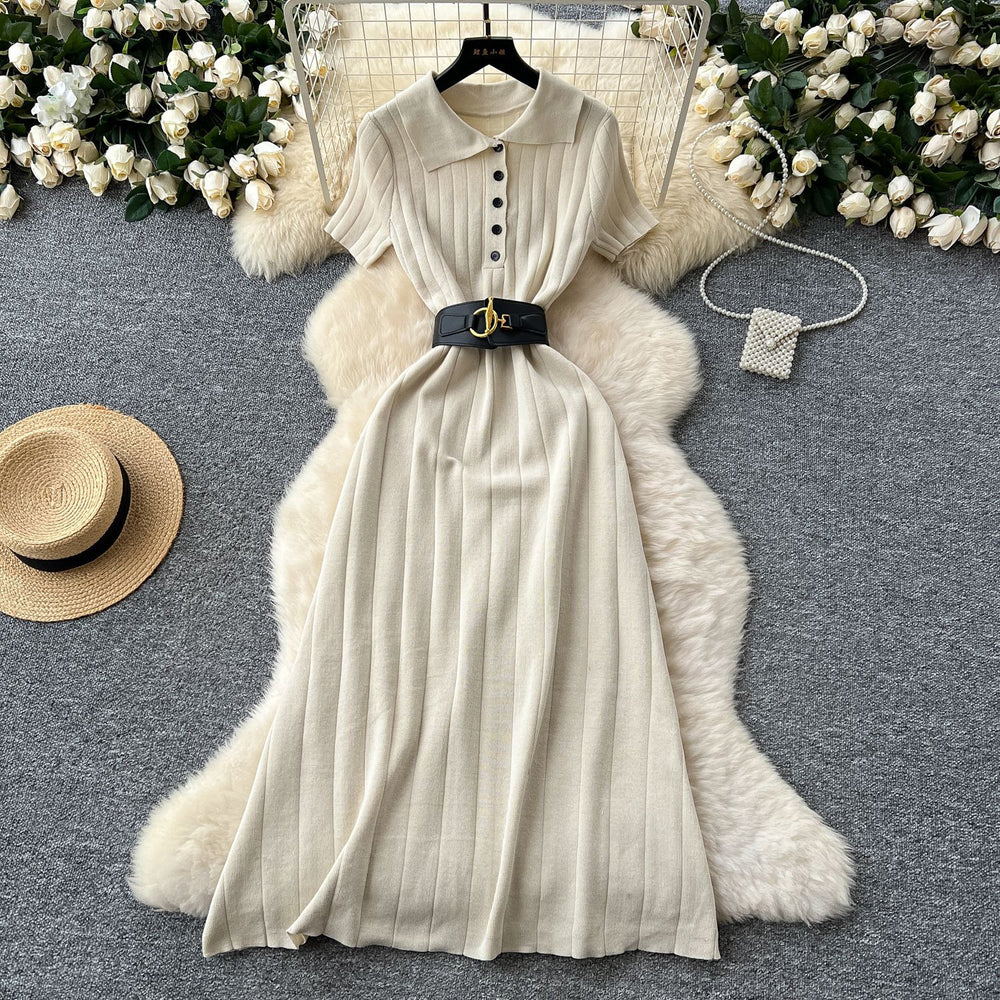 Frenchretropolo collar short-sleeved button cardiganknittingdress women's waist slimming look inner sweater skirt long skirt