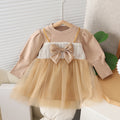 Girls' autumn dress - toddler & little girl hepburn style fashionable dress - little girl's puff sleeve bowknot mesh skirt