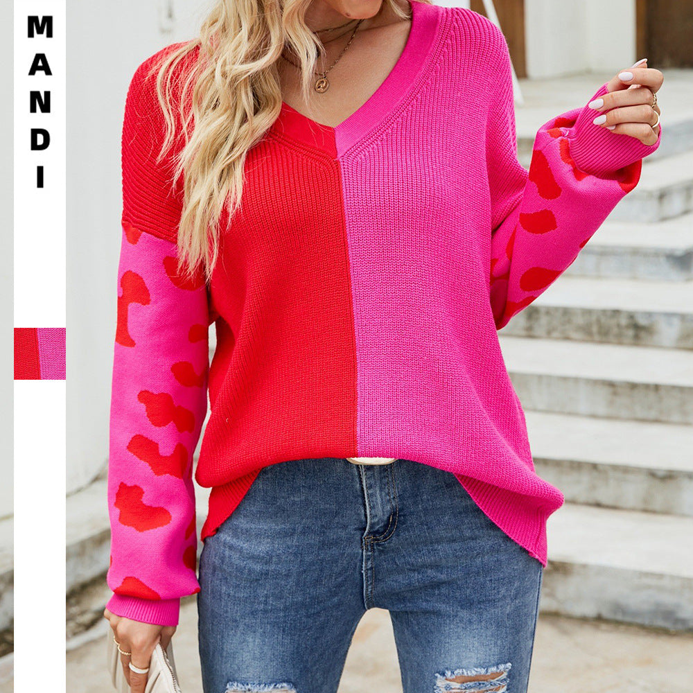 Cross-border European and American women's clothing 2025 autumn and winter new models,   contrasting color leopard print V-neck fashion pullover sweater