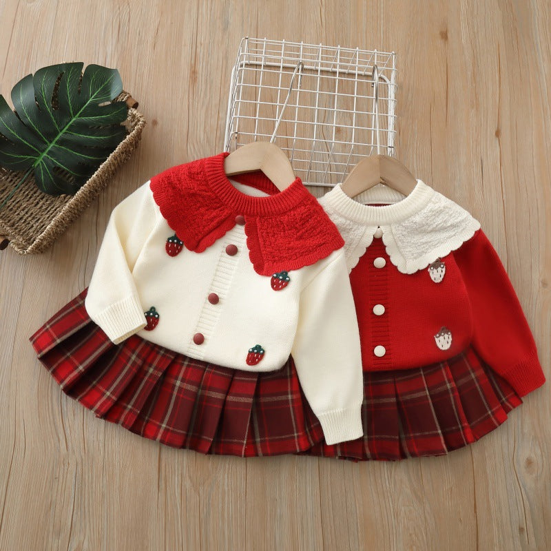 Girls' knit sweater cardigan & plaid skirt set - new autumn collection  - strawberry collar, baby girl red knit outfit