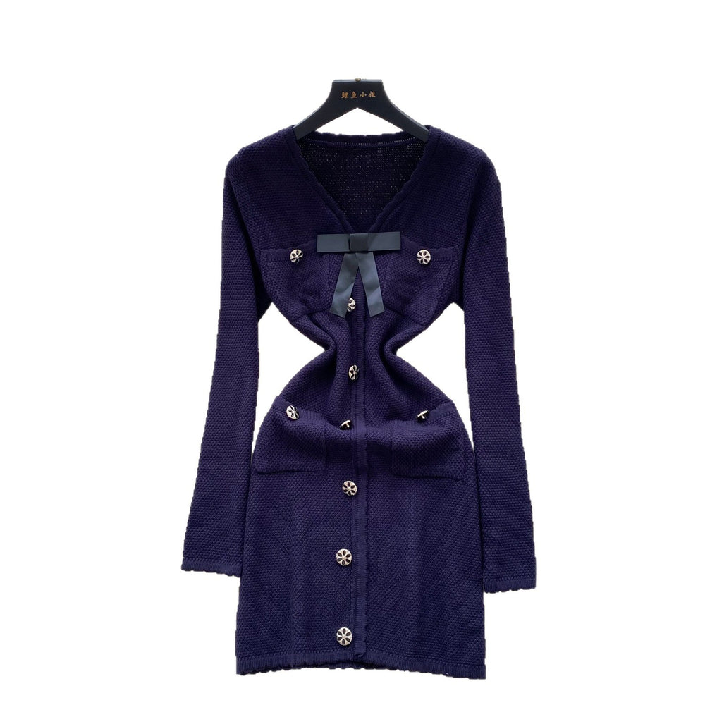 Chic chanel-inspired, high-end, bow-adorned v-neck, metal-buckle cinched-waist, long-sleeved knit dress for women – a french-style mini dress