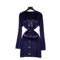 Chic chanel-inspired, high-end, bow-adorned v-neck, metal-buckle cinched-waist, long-sleeved knit dress for women – a french-style mini dress