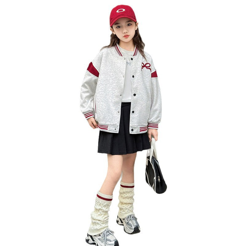 Girls' baseball jacket -  spring/autumn new collection - stylish and versatile crew neck jacket for mid-to-large children - autumn apparel