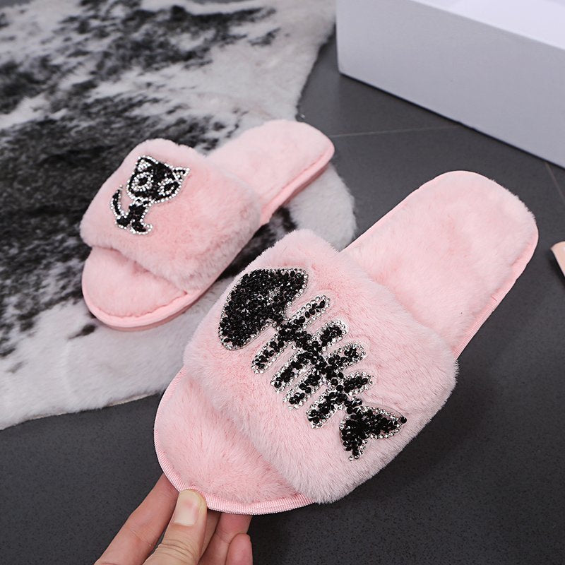 Cartoon cotton slippers women's winter home indoor 2024 new warm cute plush floor slippers household cotton slippers women