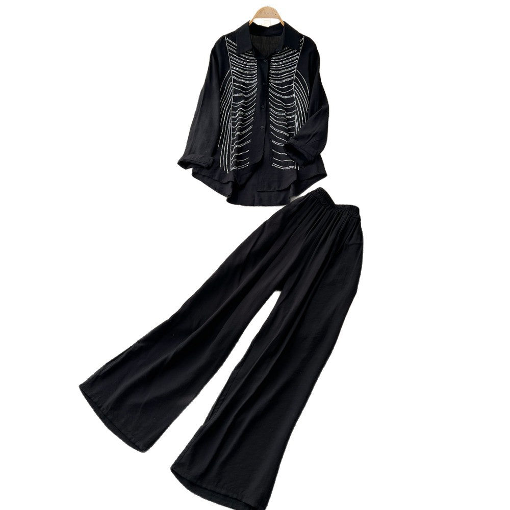Lazy style sense of design diamond stripesshirtloose pantstwo-piece set women's spring autumwork clothingcasualelegantsuit
