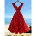 Women's summer casual elegant polka dot print v-neck ruffle trim pleated bow tie waist long maxi dress