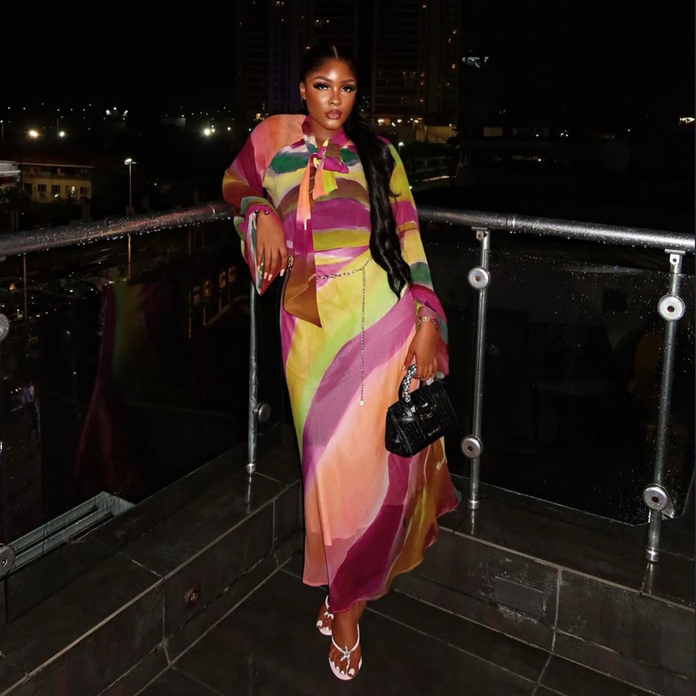 European and american cross-border women's fashion  summer new arrival: elegant printed tie-neck blouse and high-waisted midi skirt set