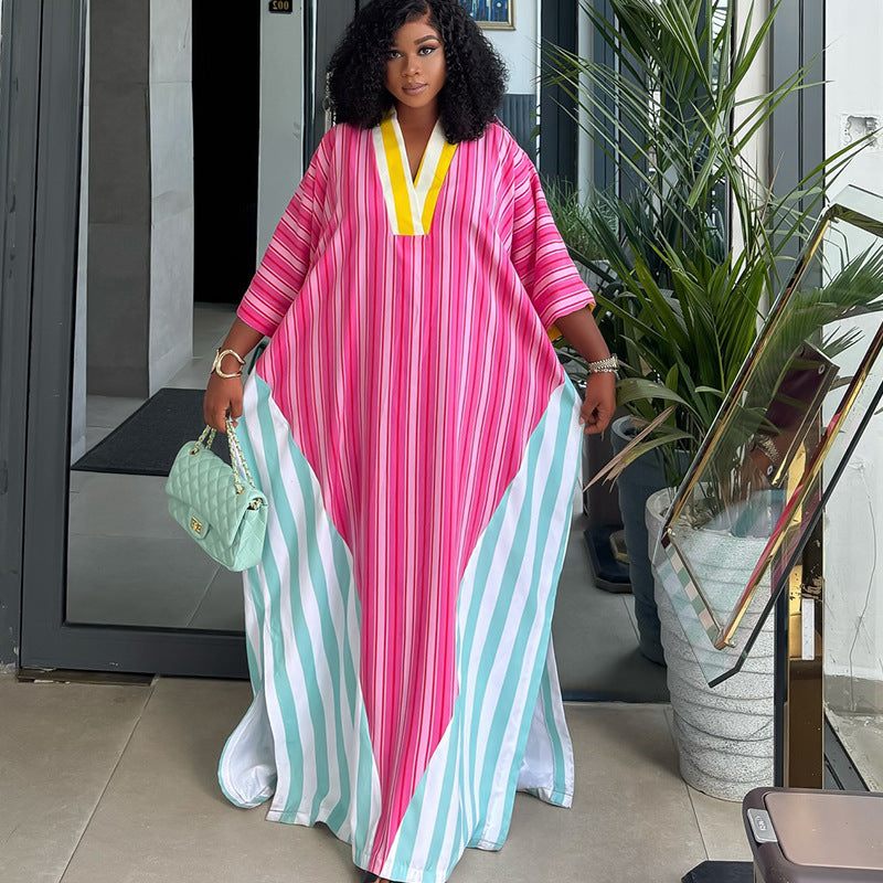 European and american cross-border african women's clothing  spring new arrival: chic and stylish v-neck striped loose long dress